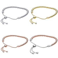 Original Rose Gold &amp; Silver Moments Beads Sliding Clasp Adjust Bracelet Fit Bangle 925 Sterling Silver Charm Jewelry
