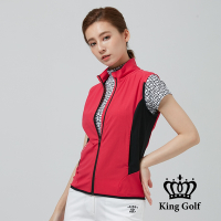 【KING GOLF】女款刺繡LOGO印圖異色剪接防風薄款立領拉鍊背心外套-粉色