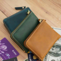 Handmade Mens Wallet Leather Genuine Short Vintage Zipper Wallet for Men Crazy Horse Leather Small Coin Pocket Money Bag