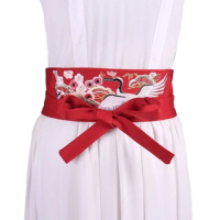 Chinese Han Dynasty Hanfu Clothing Waistband with Embroidery Wide Tie Belt with Chinese Crane Flower Pattern