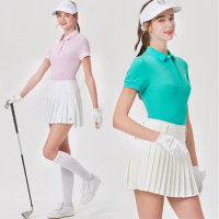 Blktee Summer Cooling Golf T-shirts Short-sleeved Sports Polo Shirt Women Pleated Golf Skirt Culottes Set High Waist Split Skort