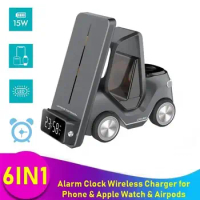 6IN1 Car Shape Alarm Clock Wireless Charger For Iphone 12 13 14 Pro Max Night Light Charging Station For Apple Watch Airpods Pro