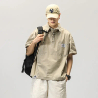 (COD) Men's short-sleeve polo shirt, summer workwear shirt, Japanese retro style, 5-point half-sleev