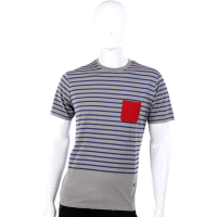 CERRUTI 1881 灰色藍條紋拼接撞色口袋短袖T-Shirt