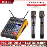 4 Channel Sound Mixer With Wireless Microphone 16DSP Mixing Console with 2*100w Amp for Speaker System DJ Mixer Audio