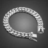 Genuine Fashion 100% 925 Sterling Silver link Chain Bracelet For Man 10MM 20cm Bangle Personality Men Jewelry Gift