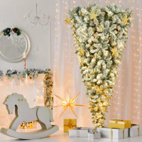 6 FT Upside Down Christmas Tree with White Flocking, 360 LED Warm Lights X-mas and 8 Golden Star Decorations