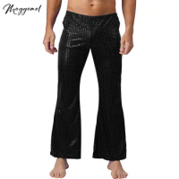 Mens Shiny Sequins Long Pants Disco Dance Pants Party Stage Performance Costume Bell Bottom Pants Elastic Waistband Flared Pants