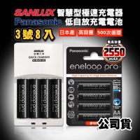 【SANYO 三洋】智慧型充電器+國際牌eneloop PRO 黑鑽款低自放充電電池(3號8入充電組)