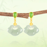 S925 silver inlay, natural Hetian jade, sapphire ruyi jade earrings 925 silver-plated inlay