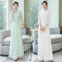 夏季中國風改良越南奧黛旗袍連衣裙套裝上衣+褲子兩件套茶服1入