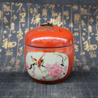 仿古做舊花鳥圖紅色瓷茶葉罐密封罐普洱罐花茶罐通用家居陶瓷擺件1入