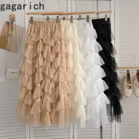 Gagarich Elegant Mid Length High Waisted Mesh Cake Skirts 2023 Summer Women Temperament Fairy Air Chiffon A-Line Thin Long Skirt