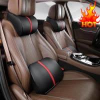 PU Leather Car Neck Pillow Seat Headrest Support Memory Foam Pillow Auto Headrest Lumbar Support Pad Curved Waist Pillow Cushion