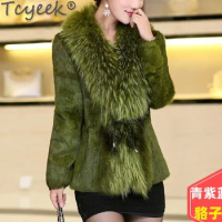 Tcyeek Winter Coat Women's Short Rex Rabbit Fur Slim Fur Jacket for Women Elegent Ladies Raccoon Fur Collar Women's Jacket FCY