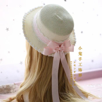 Lolita hand made Mori pastoral soft sister lolita dress daily basic lace bow straw hat