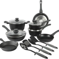 Nonstick Forged Aluminum Induction Pots and Pans Cookware Set W/Cast Iron Skillet, 15-Piece Set, Black