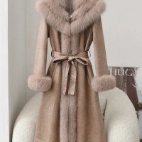 fur integrated coat for women's medium length Haining 2023 winter slim fit genuine leather rabbit fur coat