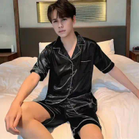 Men Pajama Set Imitation Silk Sleepwear Men's Summer Silk Pajama Set with Short Sleeve Shirt Elastic Waist Shorts for Men