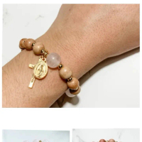 Rosario Tangan Gelang Katolik Kayu Natural & Batu Premium Salib Medali Maria Elegan Manik Handmade E