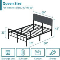 16" queen bed frame with padded headboard and metal footboard, heavy-duty metal slats support mattress base base