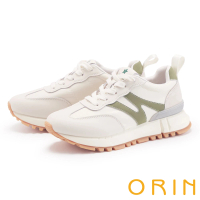【ORIN】異材質拼接復古綁帶休閒鞋(米+綠)