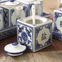 Blue and White Ceramic Canister Set Kitchen Chinese Vintage Spice Jars Salt Sugar Monosodium Glutamate Vinegar Chili Soy Bottle