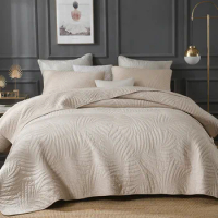 Boho Leaves Taupe (Maize) White 100% Cotton Bedspread Quilt Set 3Pcs Full/Queen Size Coverlet Bed Cover with Pillow Shams
