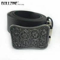 Bullzine zinc alloy western flower belt buckle pewter finish with PU belt with connecting clasp FP-03324