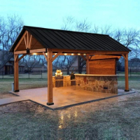 11'x13' Hardtop Gazebo with Wooden Frame, Permanent Metal Roof Gazebo Canopy with Ceiling Hook for Garden, Patio, Backyard