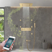 SUS304 23*15 Inch LED Shower Head with Music Speaker Rain and Waterfall Shower Ceiling Embedded Bathroom Shower Faucet Set