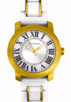 EGLANTINE EGLANTINE® Emile 中性鍍黃金鋼石英手錶，12 羅馬數字錶盤，白色陶瓷錶鍊，金色金屬元素