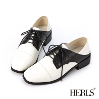 【HERLS】德比鞋-兩穿全真皮素面拼接方頭粗跟德比鞋(白X黑)