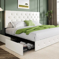 Furniture supplies Allewie King Size Platform Bed Frame with 4 Storage Drawers and Headboard/Upholstered Diamond Stitched Button