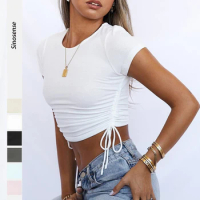 Womens O Neck Short Sleeve Crop T-Shirts Drawstring Side Slim Fit Ribbed Knit Stretchy Crop Tops Summer Y2K Crop Tee Shirt Top