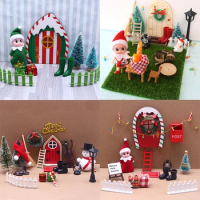DollHouse Elf Door Christmas Decor Fake Light String Hat Wreath Mini Tree Gift Boxes Fairy Toyhouse Miniature DIY Decoration Kit