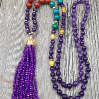 108 Mala Beads Tassel Crown Amethyst Stone Beads Necklace