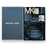 【Michael Kors】專櫃禮盒版 MK 男生 皮帶 深藍滿版x素面黑色 雙扣頭禮盒 腰帶 LOGO/針扣雙頭(36H9MBLY4V)