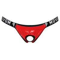 Mens Panties Thongs Hollow Out Patent Leather Bulge Pouch Jockstrap T-Back Letter Print Latex Panties Waistband Thongs Underwear