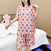Large Size 6XL 150KG 2 Piece Women Sleepwear Set Spring Short Sleeve Dots Pajamas for Woman Sleepwear Pajama Set