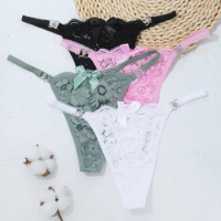 VKME Sexy Lace Flower Translucent Thongs Panties Women's Low rise Bowknot Intimate Underwear Pants G-String Briefs Underspans