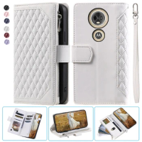 For MOTO E5 Plus Fashion Small Fragrance Zipper Wallet Leather Case Flip Cover Multi Card Slots Cover Folio with Wrist Strap