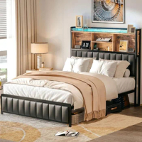 King Size Bed Frame with Upholstered Headboard and LED Light, Strong Platform Bed with Charging Station, Bed Frame