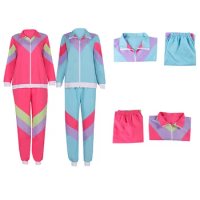 Retro 80S Hippie Disco Cosplay Sportswear Costume Women Blue Pink Performance Jacket Coat Pants Outfits Halloween Disguise Suit