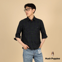 Hush Puppies 男裝 襯衫 美式經典格紋七分袖貼袋襯衫(藍綠 / 43112104)