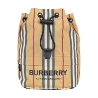 BURBERRY黑字字母LOGO條紋設計尼龍束口收納水桶包(典藏米)