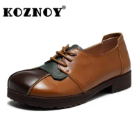 Koznoy Native Flat Shoes for Women 3cm Natural Genuine Leather Ethnic Round Toe Work Comfortable Plus Size Breathable Walking
