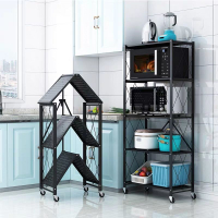 免安裝廚房黑色置物架落地三層整理架小推車微波爐烤箱四層儲物架