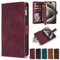 Wallet Multi-card Slot Zipper Kickstand Magnetic Flip Leather Case For iPhone 15 Pro Max 14 Plus 13 Mini 12 11 SE 2 XS XR 8 7 6s