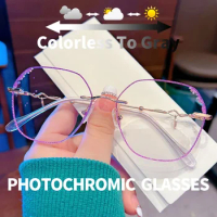 Photochromic Glasses Elegant Fashion Women Eyeglasses Purple Diamond Rimless Sun Photo Gray Custom Prescription Charming Eyewear